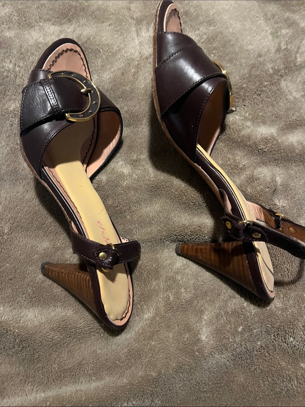 MaxMara Dark Brown Leather Slingback Heels with Gold Buckle